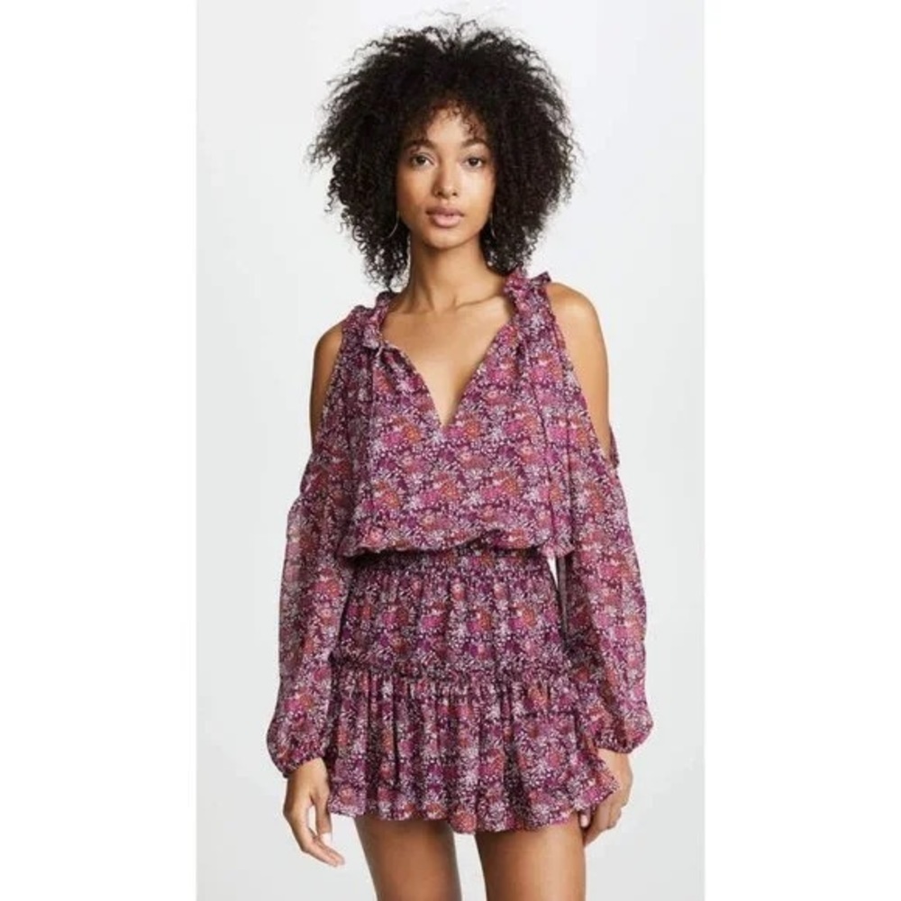 MISA Yesenia Purple Floral Chiffon Ruffle Cold Shoulder Mini Dress